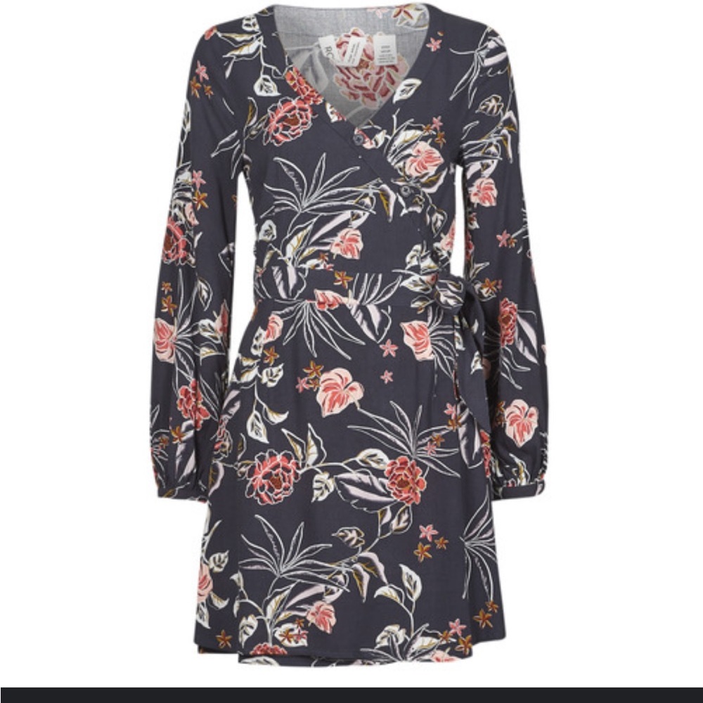 Roxy SIMPLY STATED navy floral wrap dress long sleeve new size S